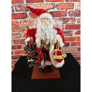 Vintage Santa Claus Figurine With Red Velvet Coat & Gift Bag